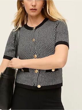 Ann Taylor Black & White Tweed Short-Sleeve Button Cardigan